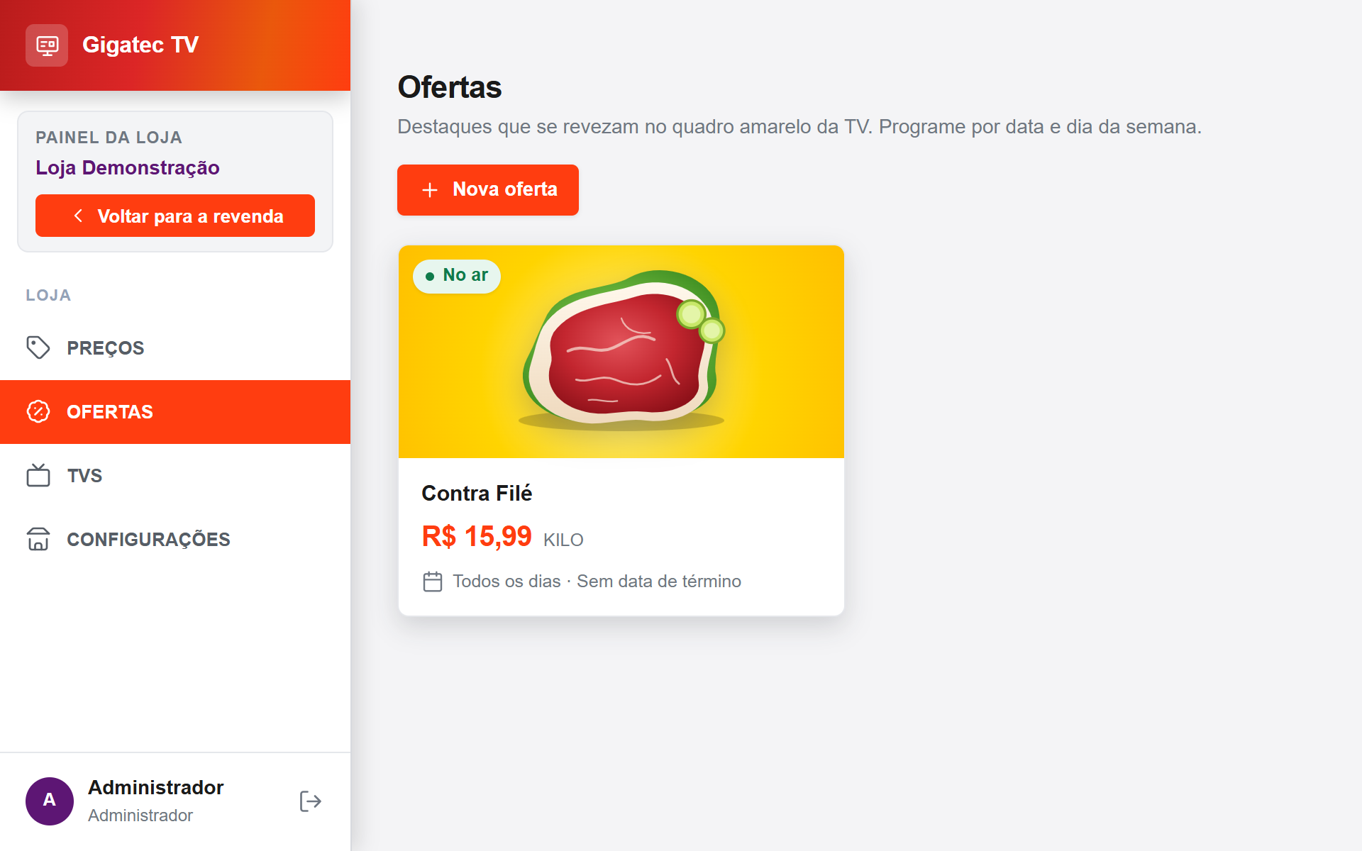 Tela de ofertas do painel