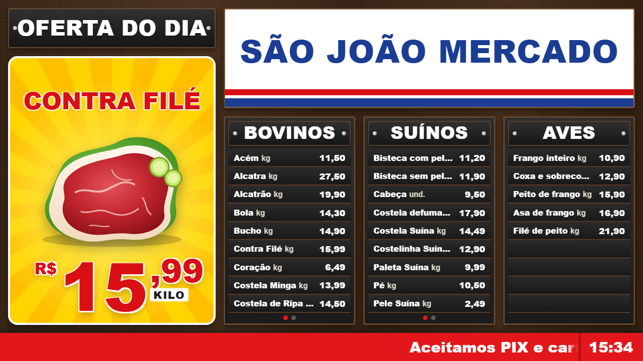 Tabela de preços de açougue exibida na TV